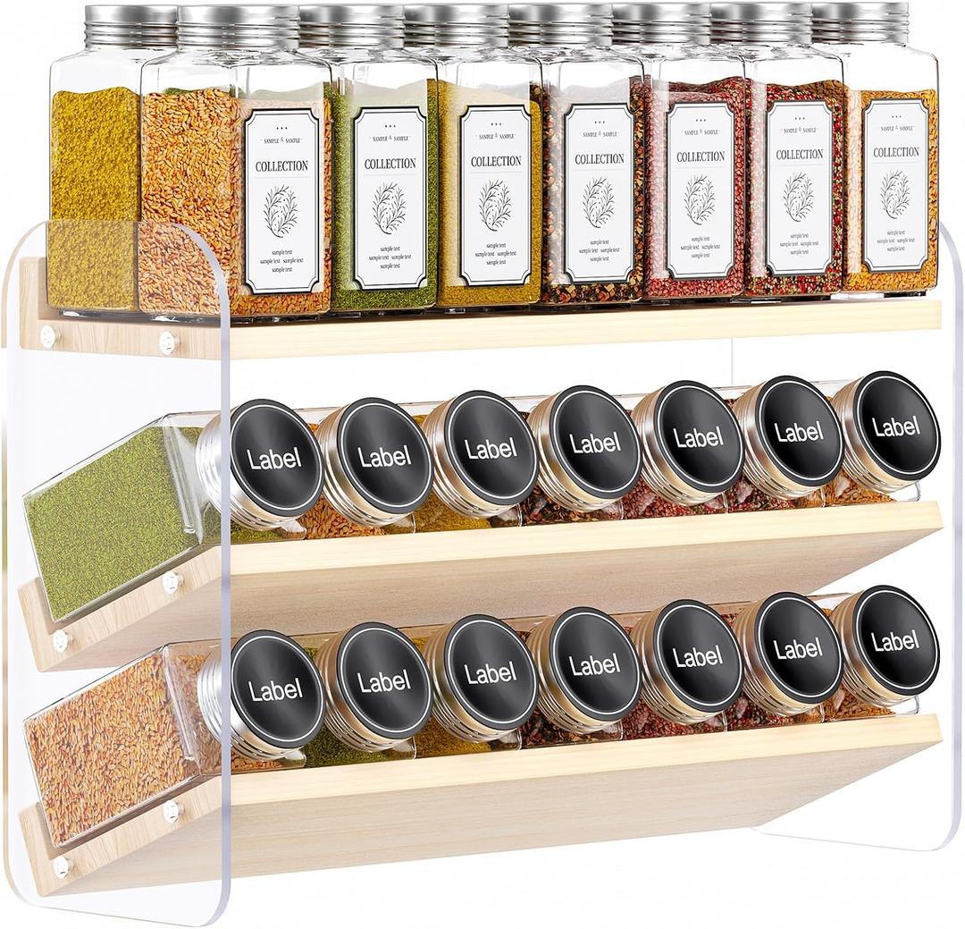 MUDEELA Clear Spice Rack Organizer for Cabinet, 3 Tiered Vertical Spice Shelf, Wooden Seasoning Organizer for Countertop, Kitchen, Pantry, Freestanding, 13.3" W 11.2" H (No Jars Included)