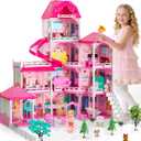 Doloowee DIY Dolls House for Girls - 4-Level 10-Room Villa with 2 Dolls, 4 Dogs & Rich Accessories, Dolls House Toys for Kids 4-8 Years Old