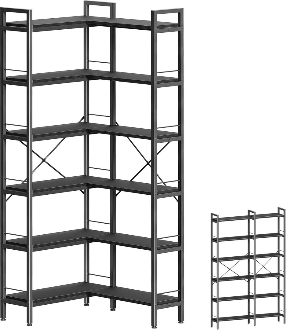 Huuger 6 Tier Bookshelf, L Shaped Corner Bookshelf with Open Shelves, 49.4 Inch Straight Wide Bookcase with Metal Frame and Wooden Board, Adjustable Feet, Black