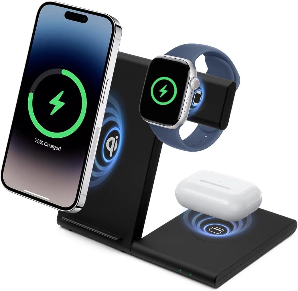 3 in 1 Foldable Wireless Charging Station for Apple Devices, 15W Fast Wireless Charger Stand for iPhone 17/16/15/14/13 /Plus/Pro/Pro Max/12/11, Apple Watch 10/9/8/7/Ultra2/Ultra/SE, AirPods 4/3/2/Pro (Black)
