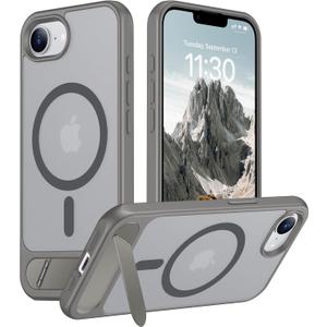 Temdan Magnetic Compatible with iPhone 16E Case, [Built-in Invisible Kickstand][Compatible with MagSafe][Military Grade Shockproof] Slim Translucent Matte Case for iPhone 16E 6.1" 2025 (Gray)