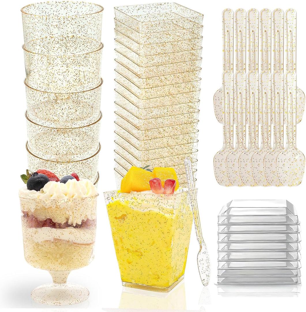 360 Pack Plastic Dessert Cups with Lids and Spoons 5Oz Yogurt Parfait/Appetizer Cup with Round Gold Glitter Serving Goblet cup for Party, Mini Shooter Cups for Fruit Pudding Trifle Ice Cream