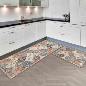 Boho Kitchen Rugs Sets of 2 Non Slip Rubber Mats for Floor Washable Farmhouse Area Rug Carpet Runner Hallway Laundry Room 17""x30""+17""x47""