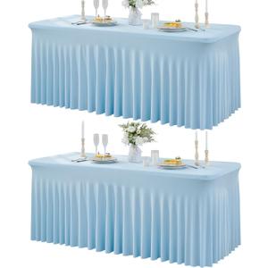 2Pack Baby Blue Spandex Table Clothes for 6 Foot Rectangle Tables, Fitted Table Cover 6ft Stretch Tablecloths Desk Skirt for Parties Weddings Birthday Banquet Baby Shower (6FT(2pack))