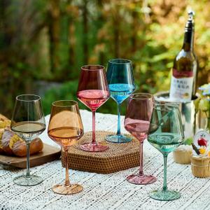 Stemmed Colored Wine Glasses: Set of 6 Cute 13.5oz Hand Blown Crystal Wine Glass with Long Stem for Birthday Party Fall Christmas Dinner Wedding Registry Gifts