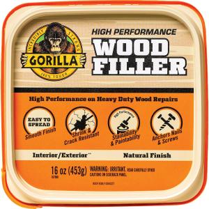 Gorilla All Purpose Wood Filler, Natural Finish, 16 Ounce Tub (Pack of 1) - Water Resistant for Indoor or Outdoor Projects and Repairs