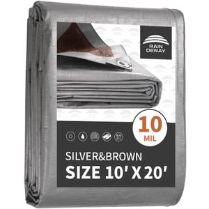 RAINDEWAY Tarps Heavy Duty Waterproof 10x20 Feet,10Mil Thick Multipurpose Poly Tarp Cover with Metal Grommets and Reinforced Edges,Silver/Brown Tarp