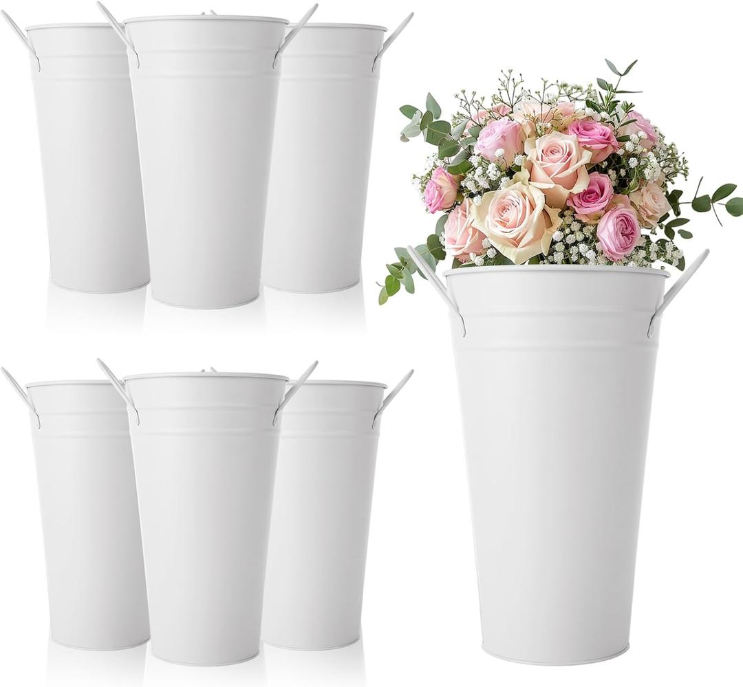 MIVIDE 6 Pack White Flower Buckets, 9.8 Inch Galvanized Metal Vases for Flowers, Flower Bucket with Handles, Farmhouse Vases for Wedding, Balcony Garden, Home Decor