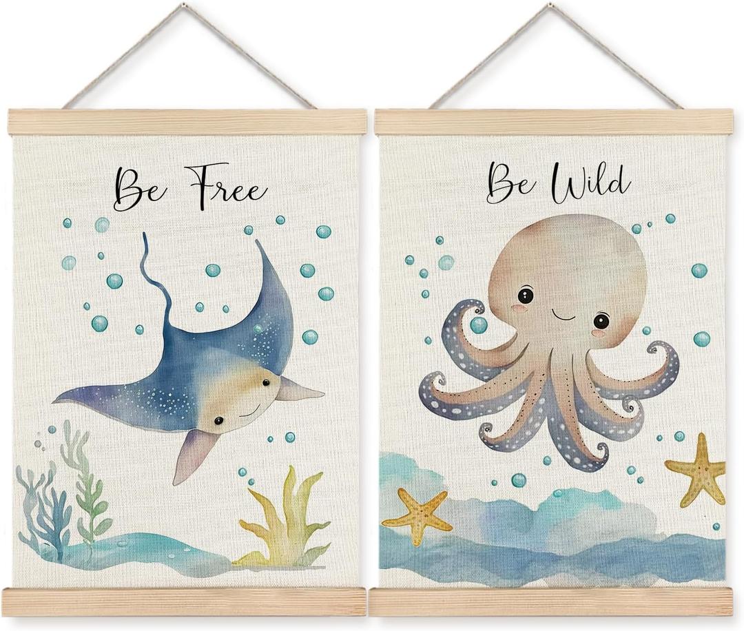 BearCake Ocean Nursery Decor, Stingray Octopus Under the Sea Wall Art Poster Hanger Frame, Inspirational Beach Nursery Canvas Prints Framed Wall Decor for Kids Room Playroom, 12x16 Inch Set of 2