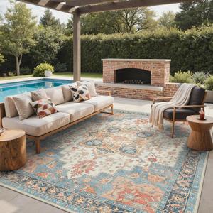 GENIMO Outdoor & Indoor Area Rug 9'x12', Waterproof, Non-Shedding, Easy Cleaning, Boho Mat for Patio, Living Room, Balcony, Dining Room, RV, Deck, Bedroom, Camping, Outside Carpet,Blue Salmon