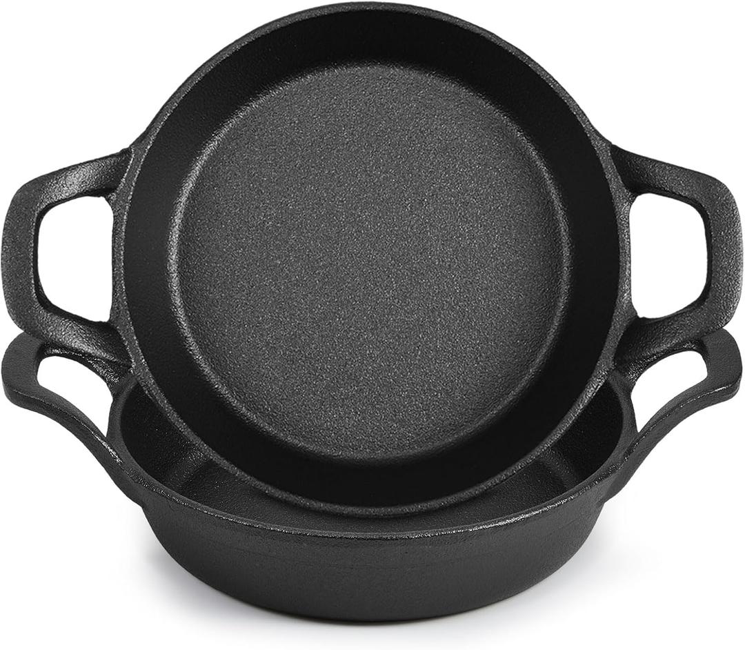 Mini Cast Iron Skillets 6.3 x 6.3 x 1.5 Inch Cast Iron Pan Small Ramekin Set Black Casserole Dish Cookware Oven Safe Mini Skillets for Kitchen Indoor Outdoor Picnic (2 Pack)