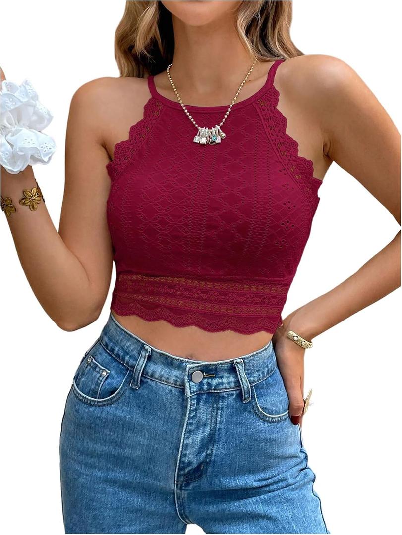 WDIRARA Women's Eyelet Halter Crop Top Lace Embroidery Slim Fitted Tops Solid Red, X-Small