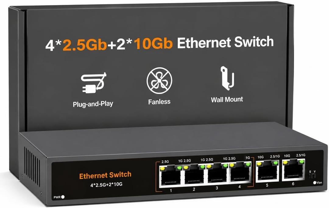 10Gb Ethernet Switch Unmanaged with 2 x 10G RJ45 Ports + 4 x 2.5G RJ45 Ports, 60Gbps, Fanless Metal, Plug & Play, VLAN, Desktop/Wall Mount for NAS, Gaming, WiFi 7 AP