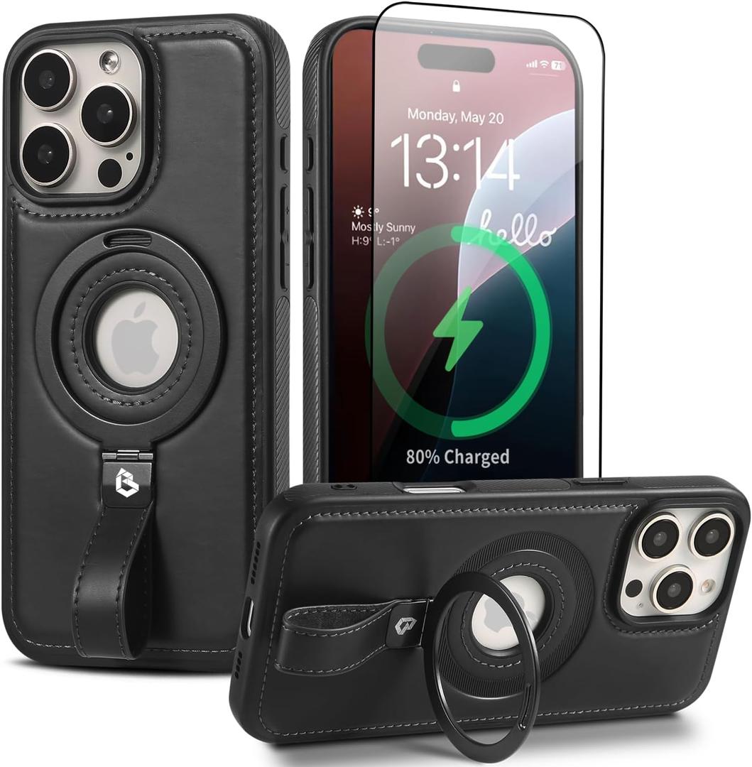 Magnetic Ring Grip Holder for Phone Case | Protective Phone Leather Case | Compatible with MagSafe | Built in Kickstand (Black, IP 16 Pro Max (6.9inch - Triple Camera)) (IP 16 Pro Max (6.9inch - Triple Camera), Black)