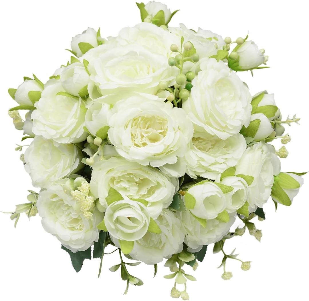 2 Pack Artificial Flowers Bouquet, 10 Pcs Austin Roses Silk Flowers Heads, Fake Peonies Flower for Home Decor Table Centerpieces Wedding Bridal Bouquet Mother's Day Valentine's Day, White