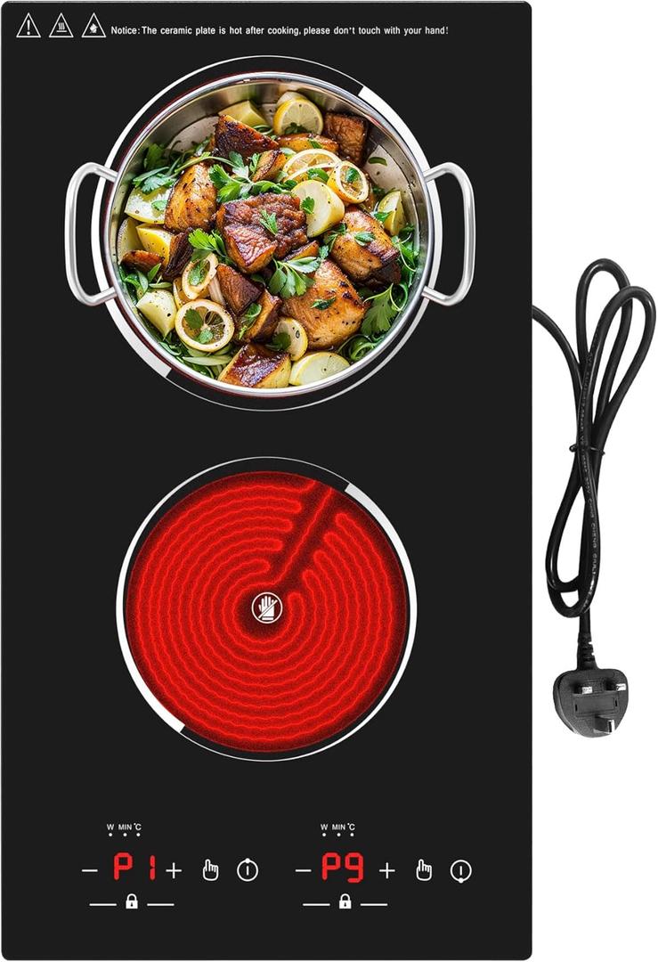 VBGK Electric Cooktop,12 Inch Built-in Radiant Electric Stove Top,110V 2100W 2 burner cooktop With 9 Heating Level, Timer & Kid Safety Lock, Sensor Touch Control 2 burner Induction Cooktop