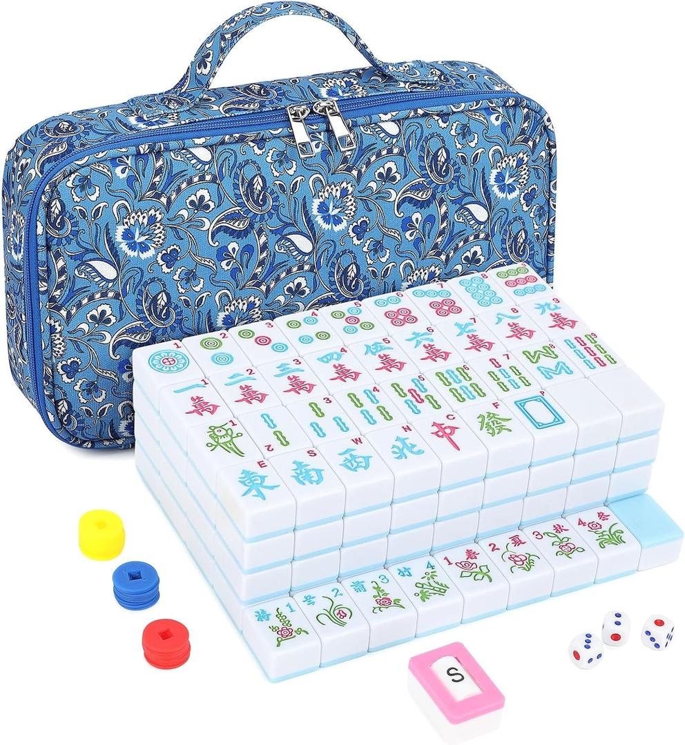 EIMEET Chinese Mahjong Game Set 146 Qulity Mahjong Blue Tiles 1.4inch Chinese Mahjong Game Set with Blue Printed Carrying Bag
