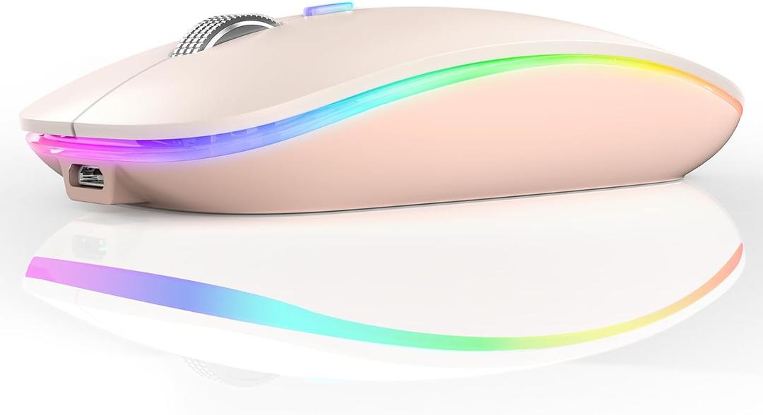 TENMOS Wireless Bluetooth Mouse, LED Slim (Bluetooth 5.1 + USB) 2.4GHz Rechargeable Silent Bluetooth Wireless Mouse with Type C Adapter for Laptop/MacBook/iPad OS 13 and Above - Light Pink