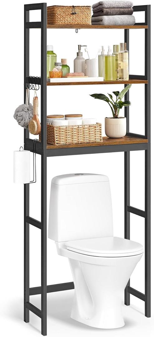 SONGMICS Over-The-Toilet Storage, 3-Tier Bathroom Organizer Over Toilet with Adjustable Shelves, Hooks, Bamboo, Freestanding Space Saver Bathroom Shelves, Rustic Brown and Ink Black UBTS012B01