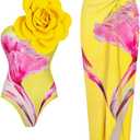 Women One-Piece Swimsuit with Cover up Wrap Skirt Sarong Bathing Suit Beach Outfit Summer (X-Large, Yellow 3d Flower Y316)
