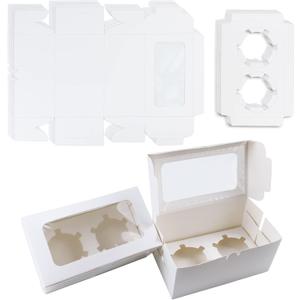 GothaBach 30 Pack White Paper Cupcake Boxes with 2 Cavity Cookie Gift Boxes with Clear Window 2 Treat Holder Cupcake Containers Bakery Cake Box for Birthday Party Holiday Bakery Supplies