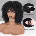 Afro Curly Wigs for Black Women Curly Glueless Wig with Bangs Natural Black Colored Synthetic Heat Resistant Wigs