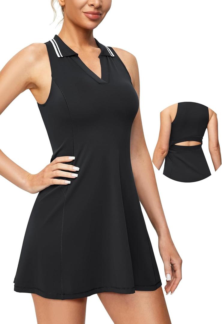 IUGA Tennis Dress for Women Golf Dress with Shorts Underneath Workout Athletic Dresses Built-in Bra Sleeveless Polo Dresses (Large, Black)
