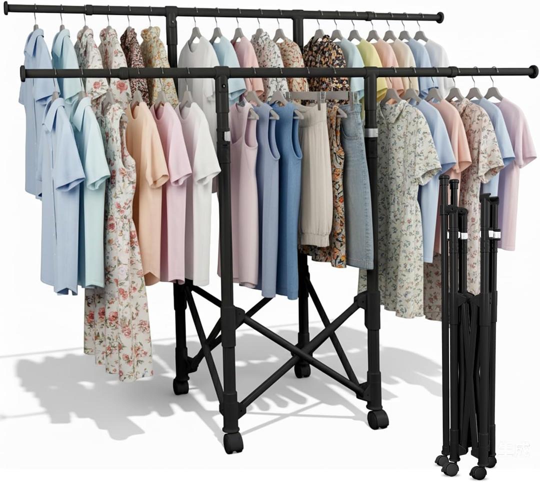 Clothes Rack Double Rods, Foldable Laundry Rack for Air Drying Clothing, Wardrobe Closet Rolling Sturdy Metal Garment Rack for Bedroom Laundry Living Room, Black 34.3inch to 57inch