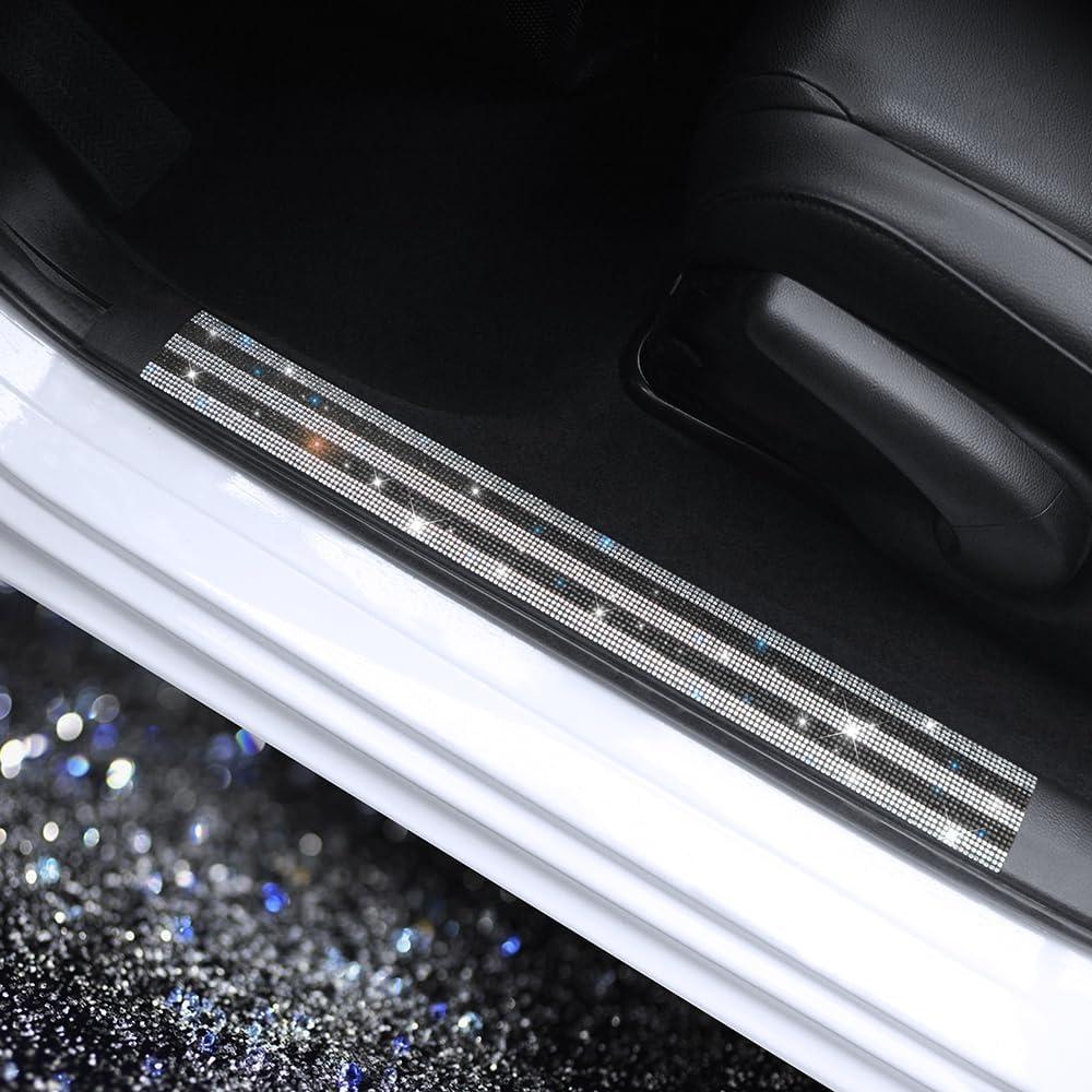 Luster Crystal Car Door Sill Plate Protectors, Bling Diamond Door Entry Guards Sill Scuff Cover Panel Step Protector Sticker with Sparkling Rhinestones Universal White & Black 2 Pcs