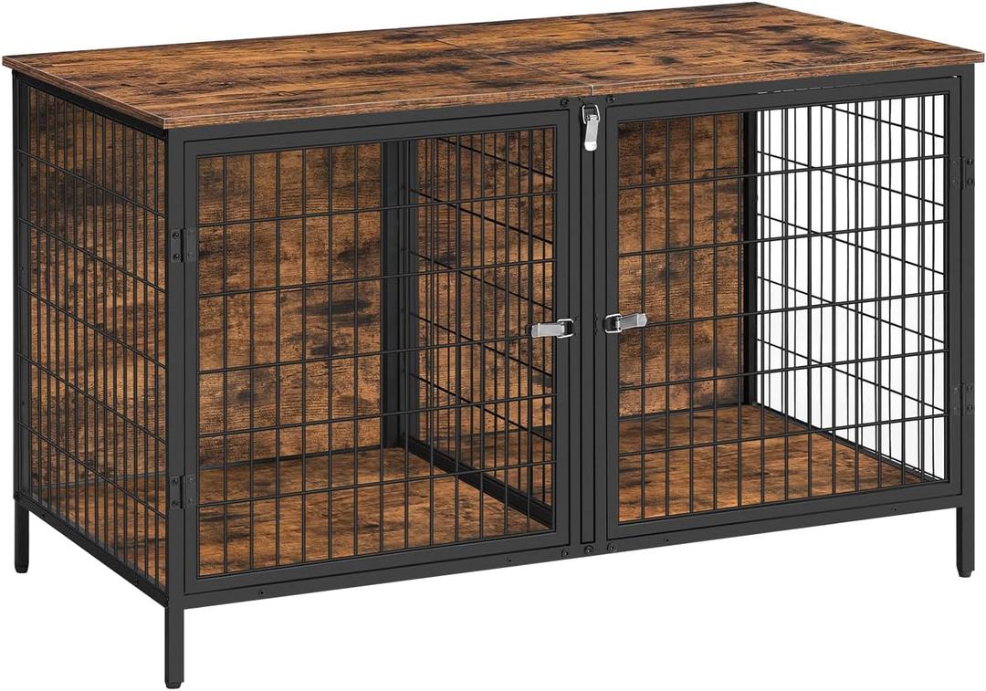 Dog Crate Furniture for 2 Dogs, 43.3" Dog Kennel with Removable Divider, Heavy Sturdy Dog Furniture Style Double Cage for Small Medium Dog, Indoor Pet House End Table, Rustic Brown DCHR1201