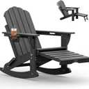Rocking Adirondack Chair with Ottoman, Folding Rocker (Dark Grey) | 4-in-1 Design, HDPE, Pull Out Footrest, 2 Cup Holders, Adjustable Backrest, Outdoor, All Weather, Ideal for Porch Patio Deck