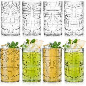 Goaste 8 Pack 17oz Plastic Tiki Cups, Clear Tiki Plastic Mug Cups, Tiki Hawaiian Party Drinking Tumblers, Exotic Zombie Cocktails Mugs, Reusable Mai Tai Glasses for Cocktails, Lemonade, Halloween