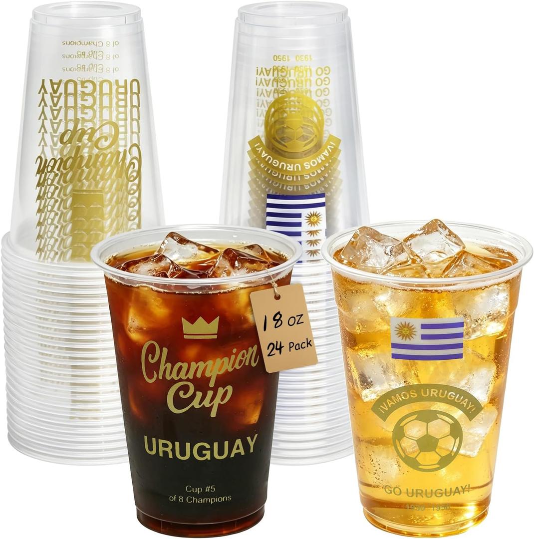 18 oz Champion Cup Salute To Uruguay, 2-Time World Soccer Champion, 24-Count Disposable Plastic Party Cups, National Flag Themed for Fan Event Decorations Game-Day Festival, VAMOS URUGUAY