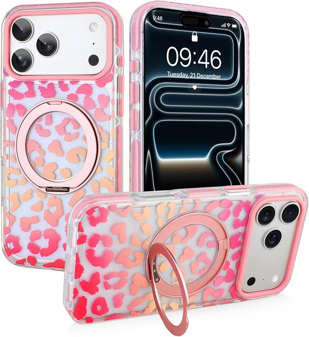 SAKUULO for iPhone 17 Pro Clear Case Colorful Leopard with Stand | with Invisible Magnetic O-Ring Stand Military-Grade Clear Case With Screen Protector[Great Grip Feeling]