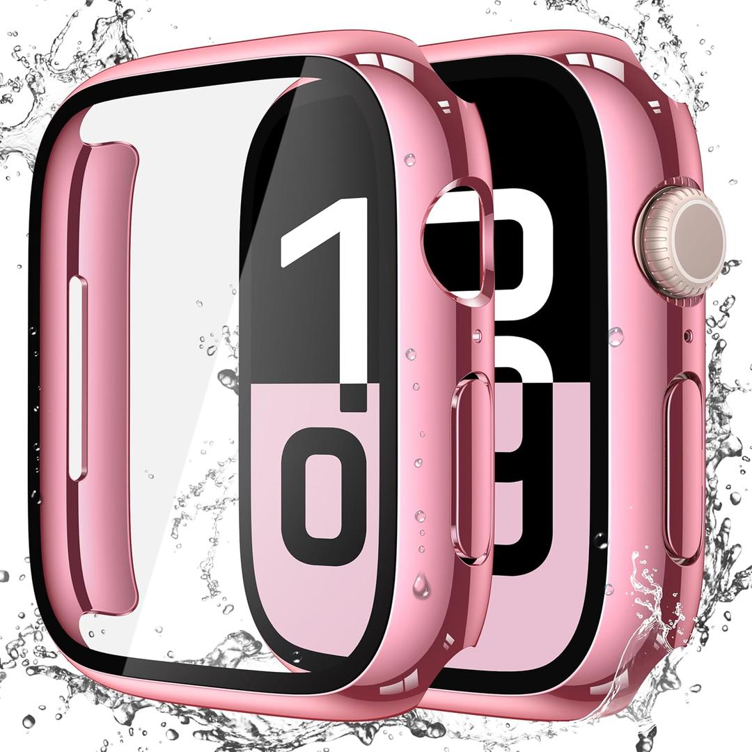 Misxi [2 Pack] Waterproof Hard Case with Tempered Glass Compatible with Apple Watch Series 11 (2025) Series 10 42mm, Overall Protective Cover for iWatch Screen Protector, 1 Rose Pink + 1 Transparent