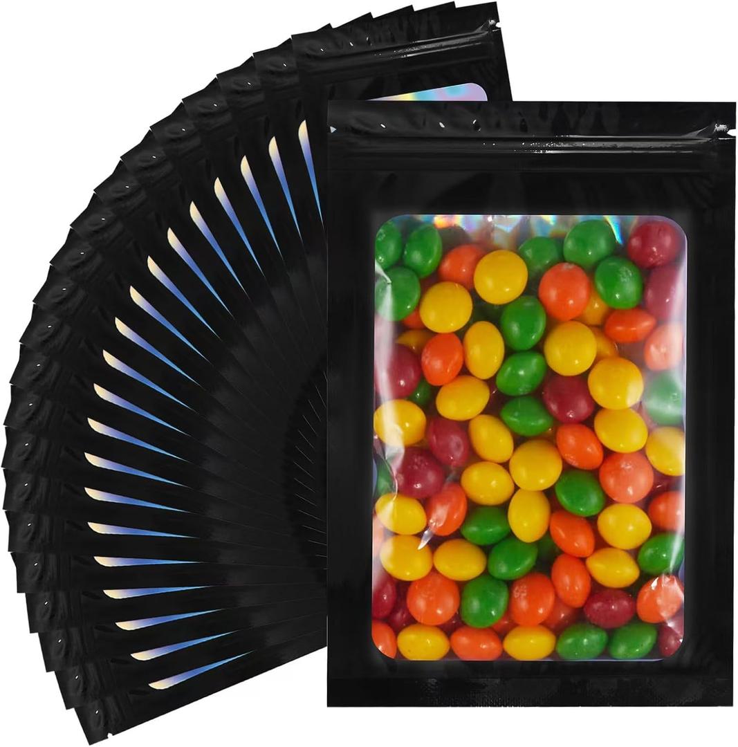 100 Pack Resealable Bags Clear Holographic Bags Smell Proof Packaging Baggies,Mylar Bags for Food Storage,Bags for Small Business,Snack, Cookie, Jewelry Sample, Candy, Gift (Black, 3.15.1 Inch)