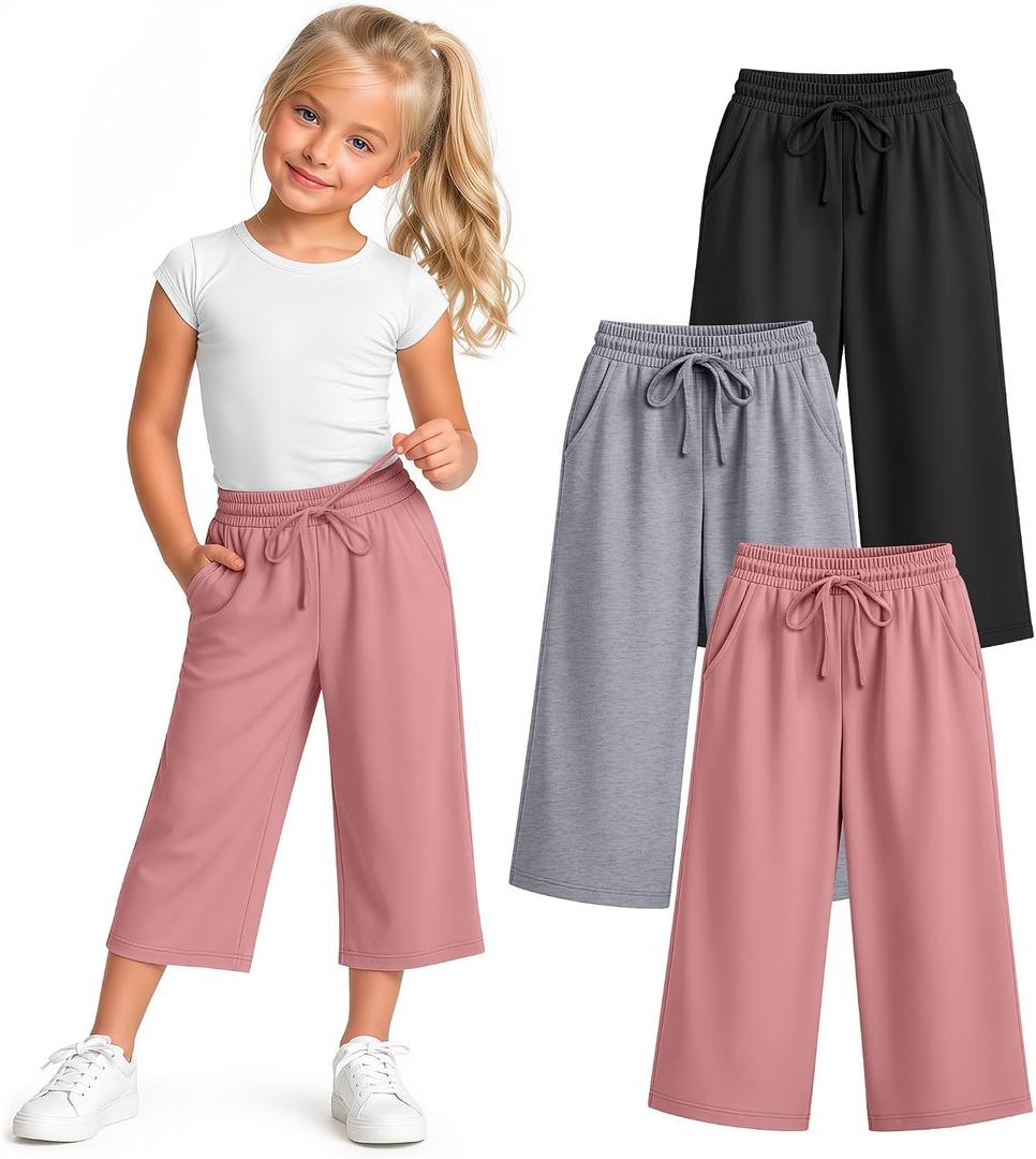 3 Pack Girls' Capri Pants 5-14 Years | Drawstring Capris, Cropped Pants, Kids Sweatpants, Workout, Summer, Loose, Back to School, with Pockets