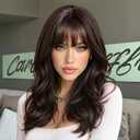 Lativ Dark Brown Wig with Bangs Layered Wavy Wig for Women Synthetic | 4x4 Realistic Scalp,Heat Resistant Fiber,Natural Looking,Beginner Friendly,Face-Framing Curly Layers for Daily Party 18 Inch