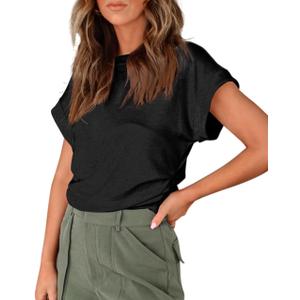 GeGekoko Women Short Sleeve Tshirts Crew Neck Basic Cotton Draped Tee Summer Ruched Side Top  (Medium, Black)