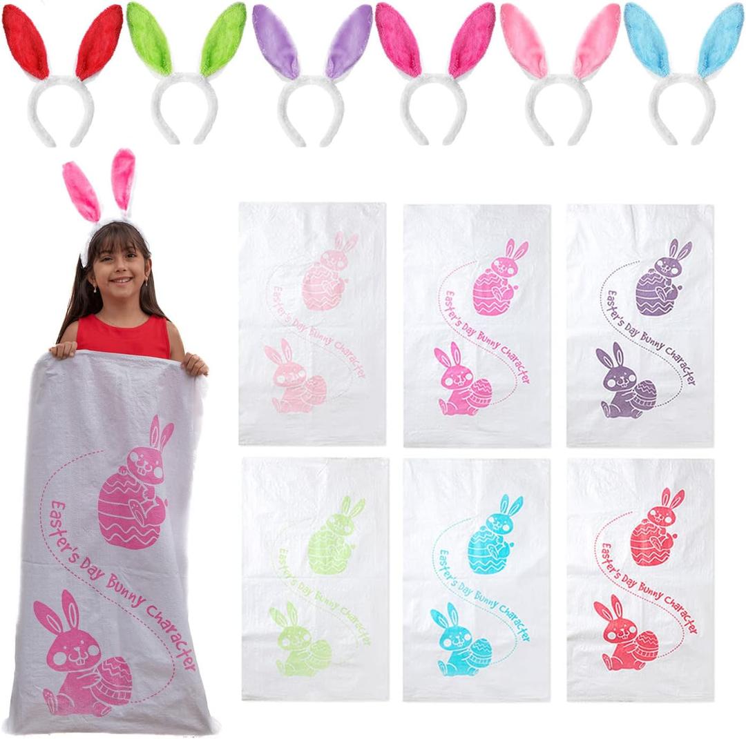 Mr. Pen- Potato Sack Race Bags for Kids Adults, 38.2" x 23.5", 6 Pack with 6 Bunny Ears Headbands, Sacks for Sack Race, Easter Sack Race, Potato Sacks for Races, Easter Gift