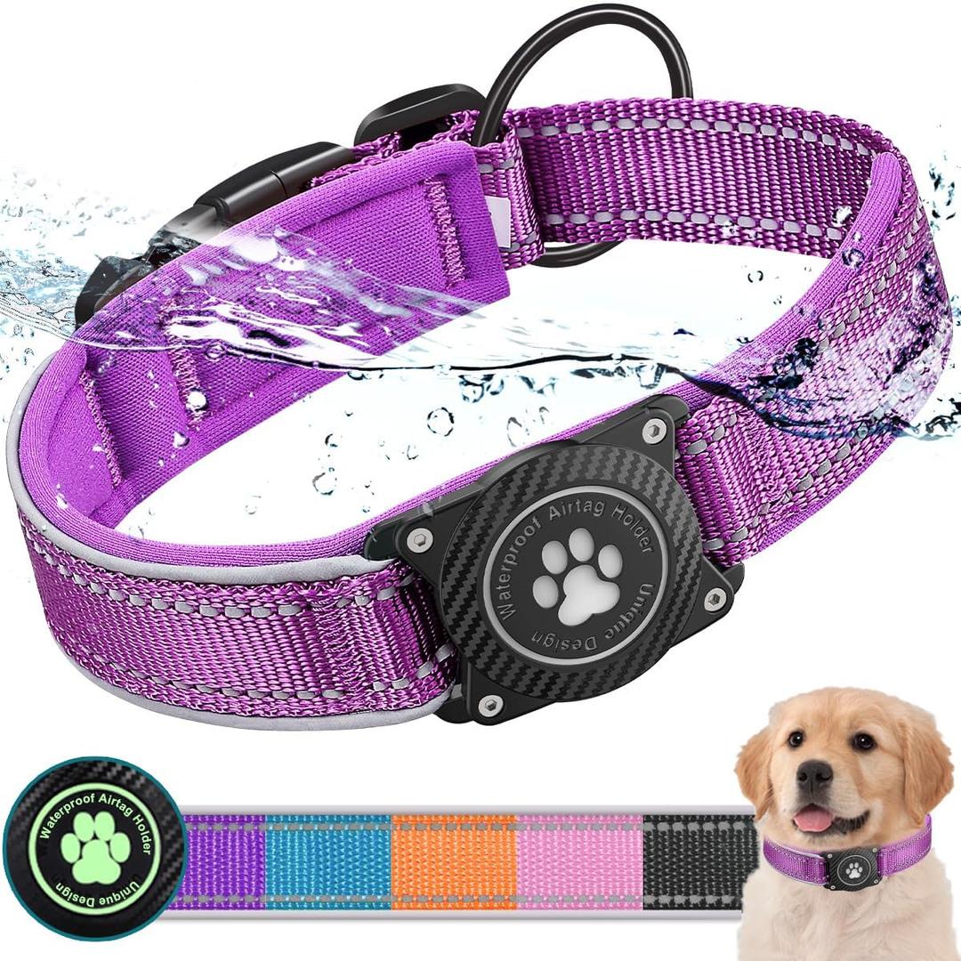 Airtag Dog Collar with Waterproof Air Tag Holder, Luminous Reflective, Soft Padded, Adjustable Nylon Pet Collar for Small Medium Large Heavy Duty Dogs,Purple, S (S (12"-14.5"))
