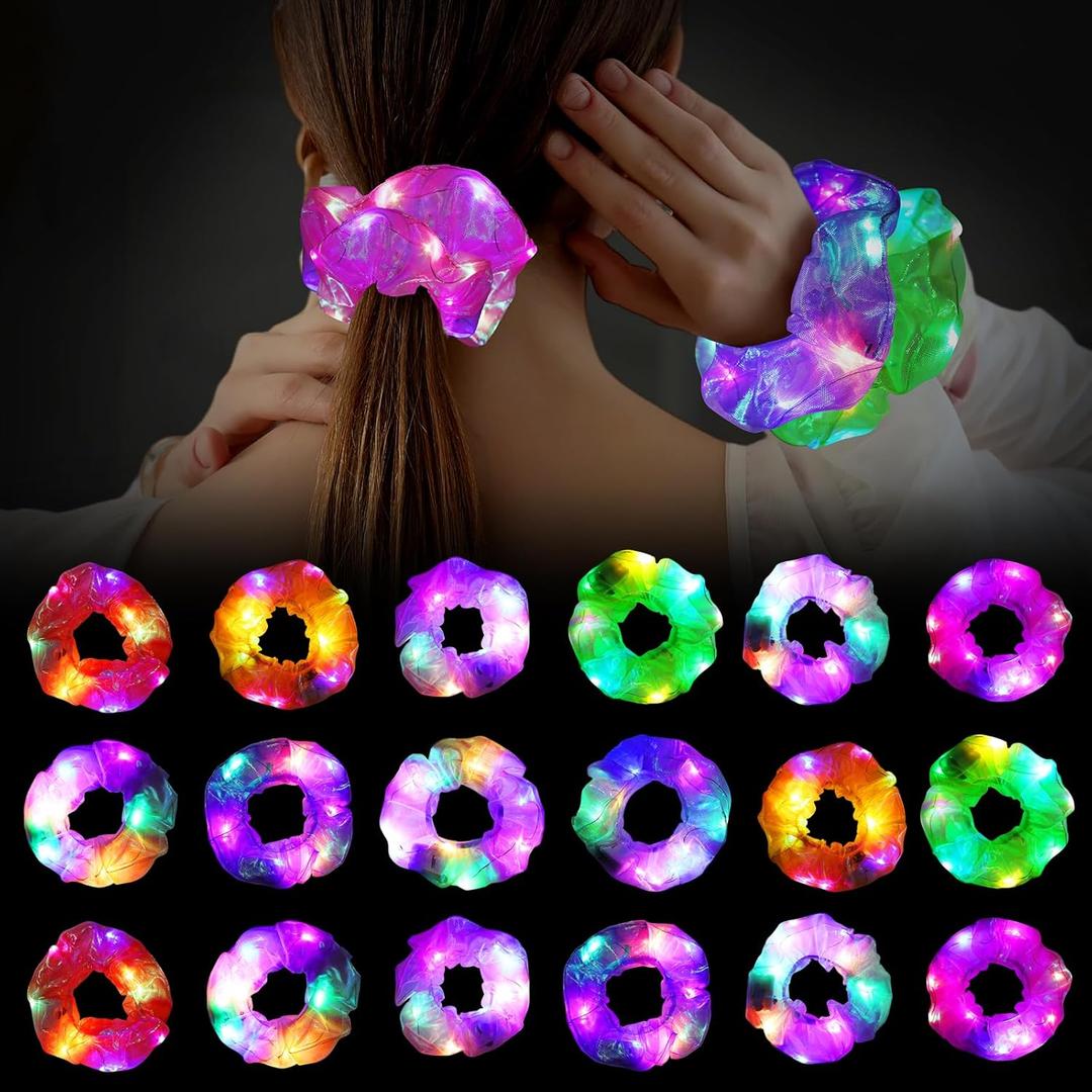 18Pcs Light Up Scrunchies, LED Hair Scrunchy for Women Girls Neon Colorful Hair Tie 3 Light Modes Hair Bands Glow in the Dark Hair Accessories for Rave Slumber Carnival Birthday Party Favor Supplies