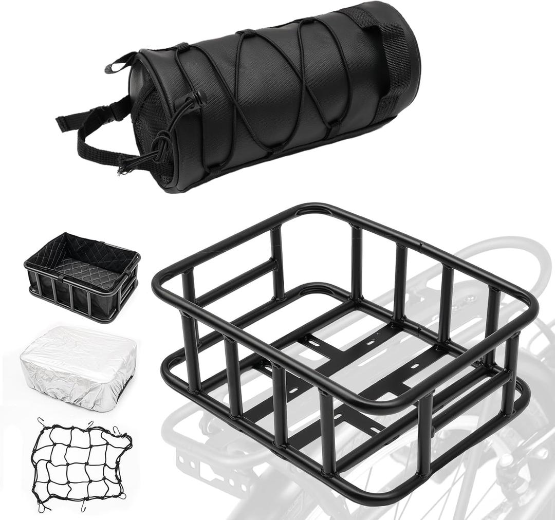 T TGBROS 6-in-1 Bike Basket Rear Rack with Bike Handlebar Bag Bike Basket with Cargo Net and Liner Large Bicycle Basket Heavy Duty Bicycle Rear Basket with Liner Waterproof Cover Cargo Net