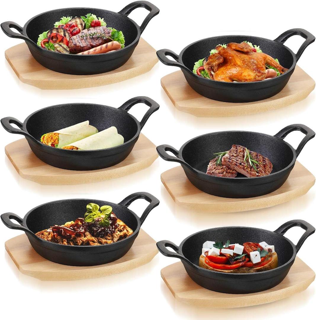 Nuogo 6 Sets Mini Cast Iron Skillet Mini Cast Iron Plates Skillet with Wooden Base Small Round Fajita Plate iron Pan Pot for Cooking Party(4.9 Inches)