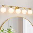 Gold Bathroom Light Fixtures, 5 Light Vanity Lights Over Mirror, Mid Century Vanity Lights for Bathroom, Milk White Glass Shades, E26 Base Bulbs Not Included