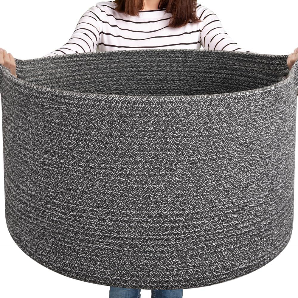 Large Woven Baskets for Storage, 22.8" x 22.8" x 13" Blanket Storage Living Room, Baby Toy Basket for Clothes, Pillows, Towels, Shoe Basket for Entryway (90L, Dark Grey)  