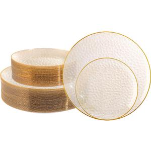 Lullaby 100PCS Clear Plastic Plates with Gold Rim, Includes 50pcs Dinner Plate 10 and 50pcs Dessert Plate 7, Disposable Heavyduty Plates for Birthdays, Parties and Wedding