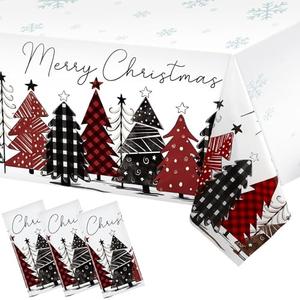 WovWeave 3 Pack Christmas Table Cloth Disposable Christmas Tree Tablecloth Buffalo Plaid Xmas Snowflake Plastic Table Cover Xmas Table Cloth for Xmas Holiday Party Picnic Dinner Decor,54x108inch