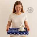 Handmade Blue White Bone Inlay Serving Tray Moroccan Damask Rectangular Wooden Platter for Dining Decor Breakfast Cheese Board Vanity Organizer