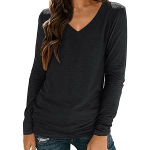 Womens Crewneck T Shirts Lightweight Long Sleeve V-Neck Tee Female Loose Fit Fall Tops Fashion Trendy Soft Clothes Outfits, Small